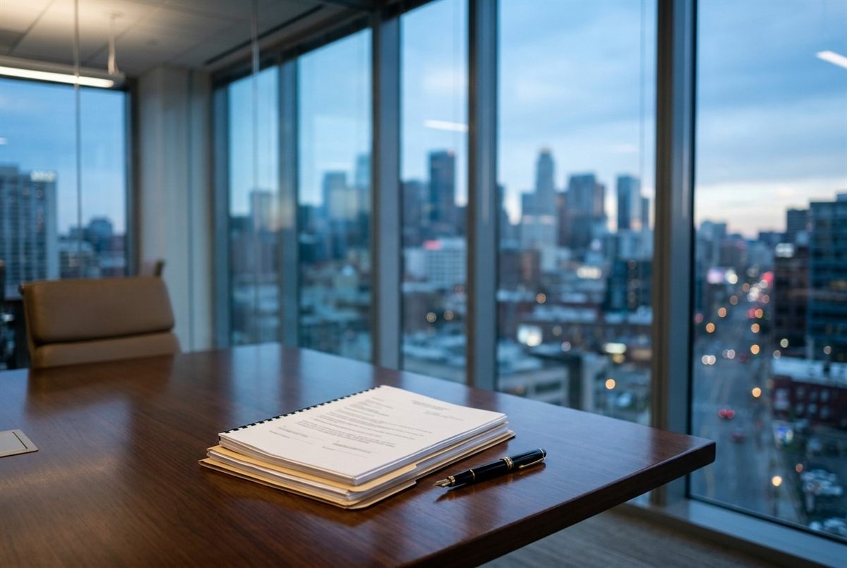 A conference room with legal documents and a pen overlooking a city skyline