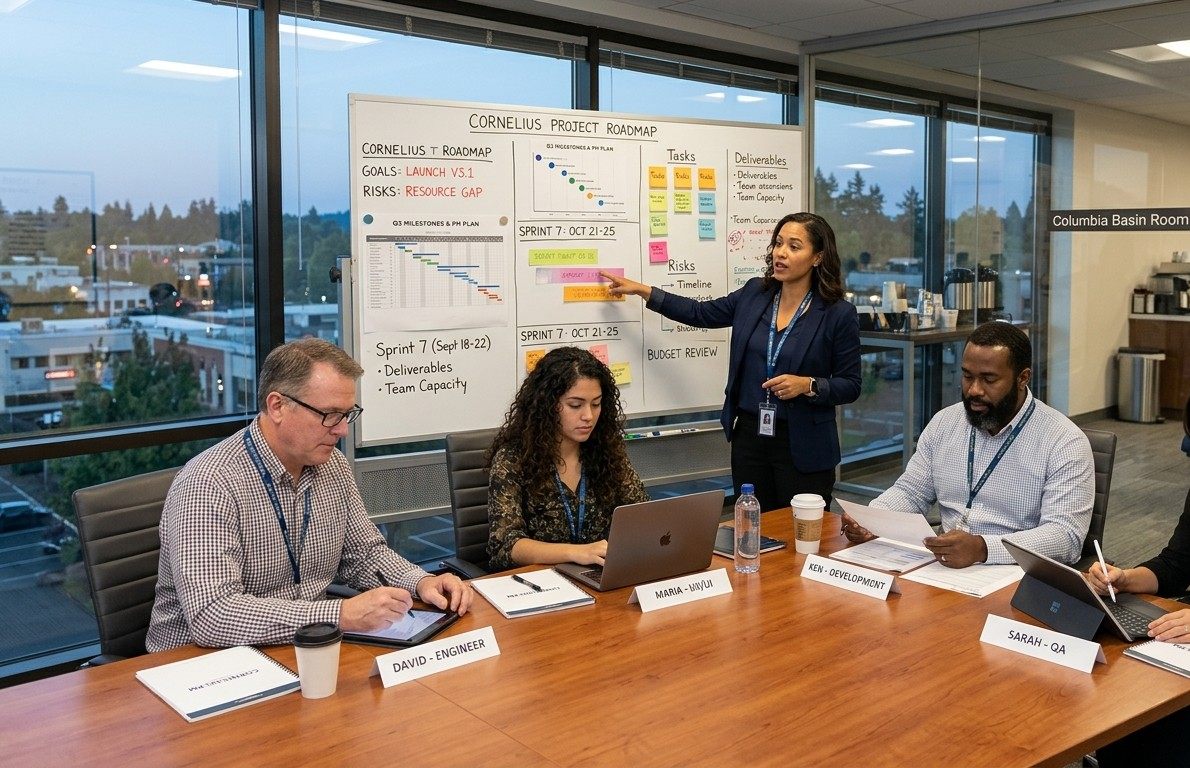 A project team reviewing a roadmap on a whiteboard